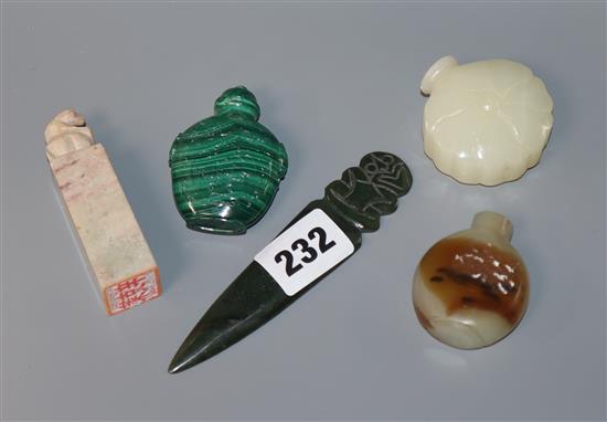 Three Chinese scent bottles, seal etc (5)